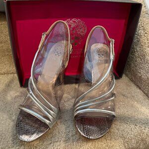 Vince Camuto "Tiernan" Silver Leather Assymetrical Slingback Sandal Size 8.5 M